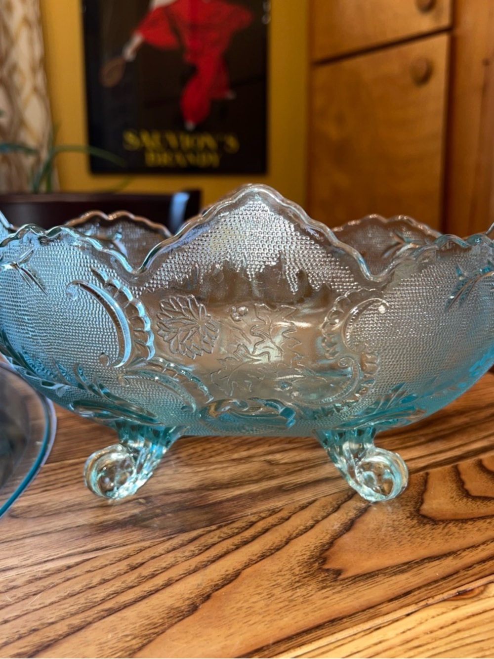 VINTAGE JEANETTE GLASS "LOMBARDI" OVAL LIGHT BLUE FOOTED BOWL